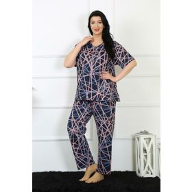 Moda Çizgi 75008 Lacivert Büyük Beden Kısa Kol Kadın Pijama Takımı