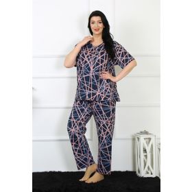 Moda Çizgi 75008 Lacivert Büyük Beden Kısa Kol Kadın Pijama Takımı