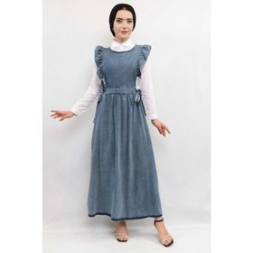 Moda Çizgi Fırfırlı Salopet Kot Koyu Mavi Elbise