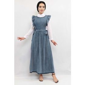 Moda Çizgi Fırfırlı Salopet Kot Koyu Mavi Elbise