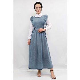 Moda Çizgi Fırfırlı Salopet Kot Koyu Mavi Elbise