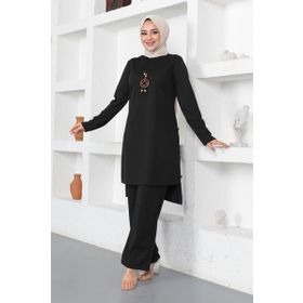 Moda Ebva 3127 Siyah Kolyeli Düğme Detaylı İkili Tesettür Takım