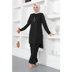 Moda Ebva 3127 Siyah Kolyeli Düğme Detaylı İkili Tesettür Takım