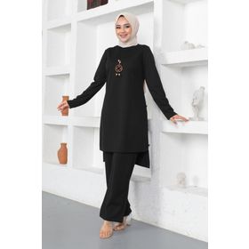 Moda Ebva 3127 Siyah Kolyeli Düğme Detaylı İkili Tesettür Takım