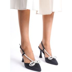 Modabuymus Bowtie Saten Taşlı Stiletto Abiye Siyah Kadın Topuklu Ayakkabı