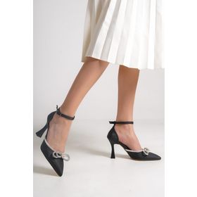 Modabuymus Darley Saten Fiyonk Taşlı Stiletto Kadeh Siyah Kadın Topuklu Ayakkabı