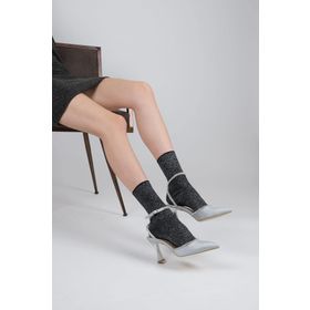Modabuymus Honey Gümüş Saten Taşlı Stiletto Bilekten Bantlı Gri Kadın Topuklu Ayakkabı