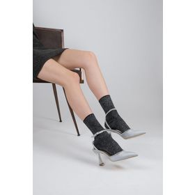 Modabuymus Honey Gümüş Saten Taşlı Stiletto Bilekten Bantlı Gri Kadın Topuklu Ayakkabı