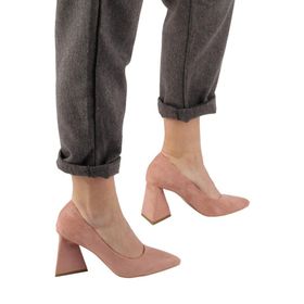 Modabuymus İkon Süet Stiletto Üçgen Kalın Pudra Kadın Topuklu Ayakkabı