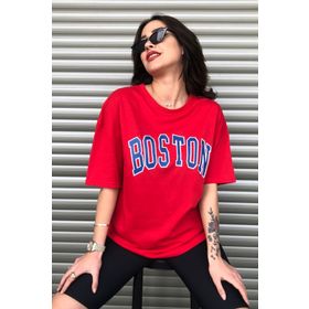Modagen Boston Baskılı Kırmızı Oversize Kadın T-shirt