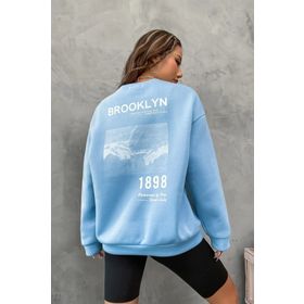 Modagen Brooklyn 1898 Baskılı Bebe Mavisi Bisiklet Yaka Oversize Unisex Sweatshirt
