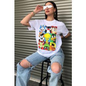 Modagen Bugs Bunny Çizgi Film Karakterleri Baskılı Oversize Beyaz T-shirt
