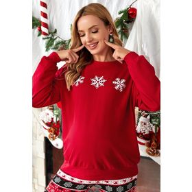 Modagen Kırmızı Kar Tanesi Baskılı Bisiklet Yaka Hamile Sweatshirt