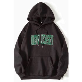 Modagen Unisex Oversize Siyah New Jersey Baskılı Kapüşonlu Sweatshirt