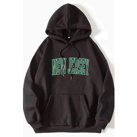 Modagen Unisex Oversize Siyah New Jersey Baskılı Kapüşonlu Sweatshirt