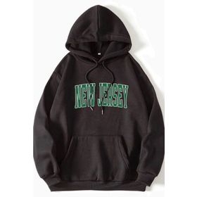 Modagen Unisex Oversize Siyah New Jersey Baskılı Kapüşonlu Sweatshirt