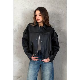 Modaplaza 1055 Siyah Oversıze Altı Lastikli Deri Kadın Mont