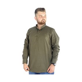 Mode XL 20388 Haki Keten Likralı Uzun Kol Hakim Yaka Erkek Gömlek