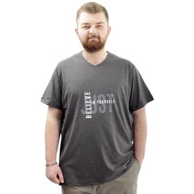 Mode XL U24054 Believe Antrasit V Yaka Baskılı Erkek T-shirt