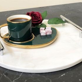 Modestmar Doğal Mermer Yuvarlak Tepsi Gümüş Slim Kulp Tepsi