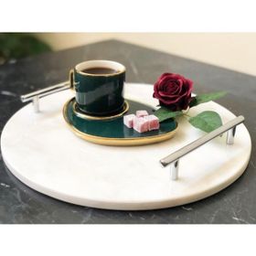 Modestmar Doğal Mermer Yuvarlak Tepsi Gümüş Slim Kulp Tepsi