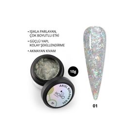 Momo Professional Nail Art No: 01 Şeffaf Holografik Yeşil Sarı Simli 10 gr Protez Tırnak Jeli