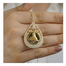 Mona Roza 60 cm Altın Kaplama Tuğralı Damla Model 925 Ayar Gümüş Kadın Kolye