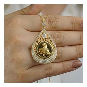Mona Roza 60 cm Altın Kaplama Tuğralı Damla Model 925 Ayar Gümüş Kadın Kolye