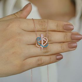 Mona Roza 925 Ayar Turkuaz Taşlı Çift Vav Elif Gümüş Kolye