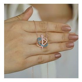 Mona Roza 925 Ayar Turkuaz Taşlı Çift Vav Elif Gümüş Kolye