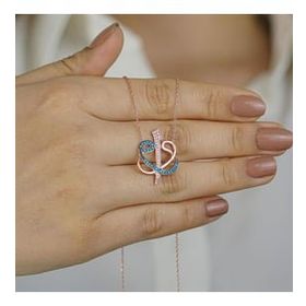 Mona Roza 925 Ayar Turkuaz Taşlı Çift Vav Elif Gümüş Kolye