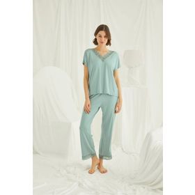 Monamise 18465 Yeşil Kısa Kollu V Yakalı Dantelli Kadın Pijama Takımı