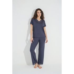 Monamise 18484 Lacivert Dantelli Kısa Kollu V Yakalı Kadın Pijama Takımı