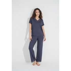 Monamise 18484 Lacivert Dantelli Kısa Kollu V Yakalı Kadın Pijama Takımı