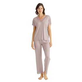 Monamise 18486 Vizon Dantelli Kısa Kollu V Yakalı Kadın Pijama Takımı