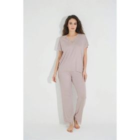 Monamise 18486 Vizon Dantelli Kısa Kollu V Yakalı Kadın Pijama Takımı