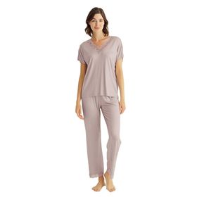 Monamise 18486 Vizon Dantelli Kısa Kollu V Yakalı Kadın Pijama Takımı