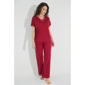 Monamise 18495 Kırmızı Dantelli Kısa Kollu V Yakalı Kadın Pijama Takımı