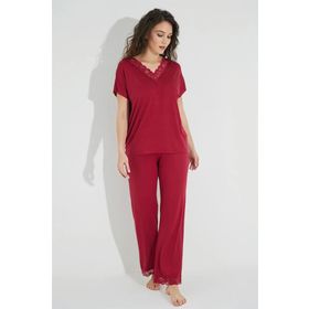 Monamise 18495 Kırmızı Dantelli Kısa Kollu V Yakalı Kadın Pijama Takımı