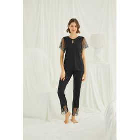 Monamise 19193 Siyah Dantelli Yakası Detaylı Brode Kadın Pijama Takımı