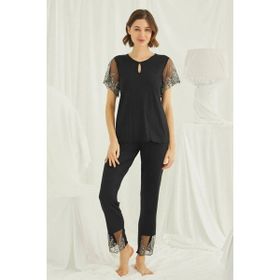 Monamise 19193 Siyah Dantelli Yakası Detaylı Brode Kadın Pijama Takımı
