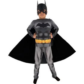 Moni Erkek Çocuk Pelerinli Maskeli 3D Kas Görünümlü Dijital Baskılı 7-8 Yaş Gri Siyah Batman Kostümü