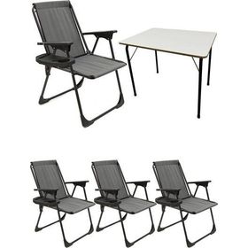 Moniev Natura Gri 4 Adet Katlanır Piknik Sandalye Oval Bardaklıklı Kamp Sandalyesi Katlanır MDF Masa