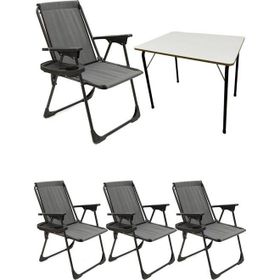Moniev Natura Gri 4 Adet Katlanır Piknik Sandalye Oval Bardaklıklı Kamp Sandalyesi Katlanır MDF Masa