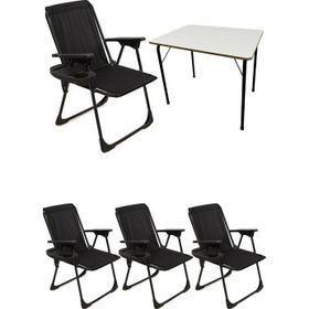 Moniev Natura Siyah 4 Adet Katlanır Piknik Sandalye Oval Bardaklıklı Kamp Sandalyesi Katlanır MDF Masa