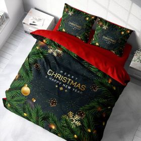 Monohome 200x220 cm Kırmızı Yeşil Yılbaşı Süsü Merry Christmas Pamuk Çift Kişilik 3D Nevresim Takımı