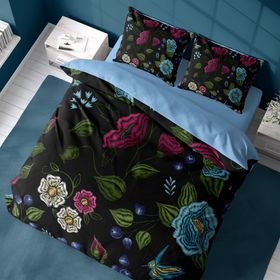 Monohome Flower Black 3D Pamuk Saten Renkli Çift Kişilik 200x220 cm Nevresim Takımı