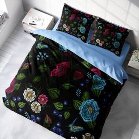 Monohome Flower Black 3D Pamuk Saten Renkli Çift Kişilik 200x220 cm Nevresim Takımı