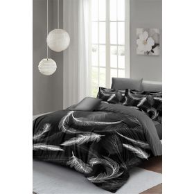 Monohome Lastikli Çarşaflı %100 Pamuk Saten Dark Feather Çift Kişilik Nevresim Takımı