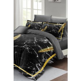 Monohome Lastikli Çarşaflı %100 Pamuk Saten Dark Marble Çift Kişilik Nevresim Takımı